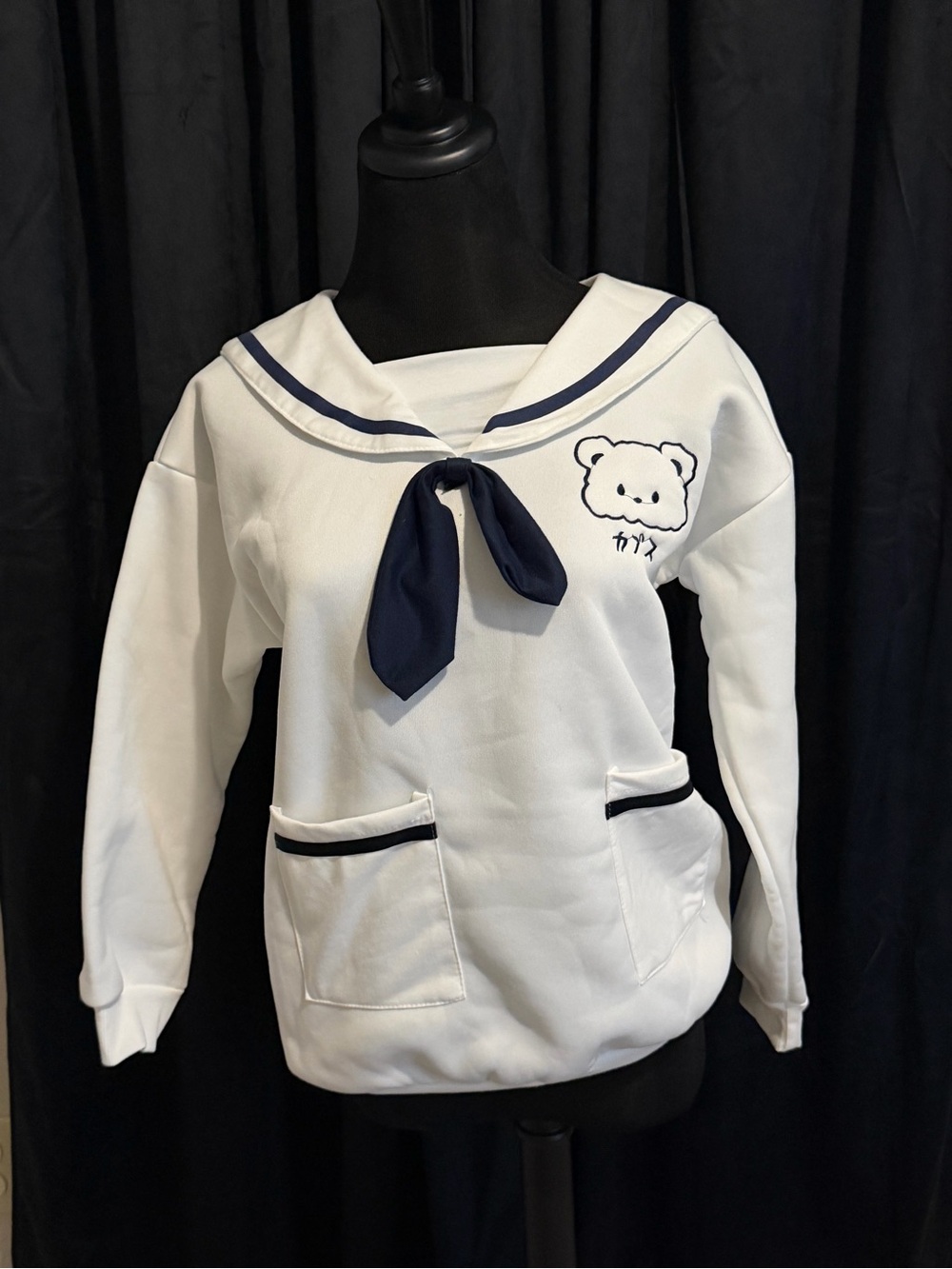 Kawaii Sailor Bear Sweatshirt Size M White Navy Sailor Collar Embroidered Cute